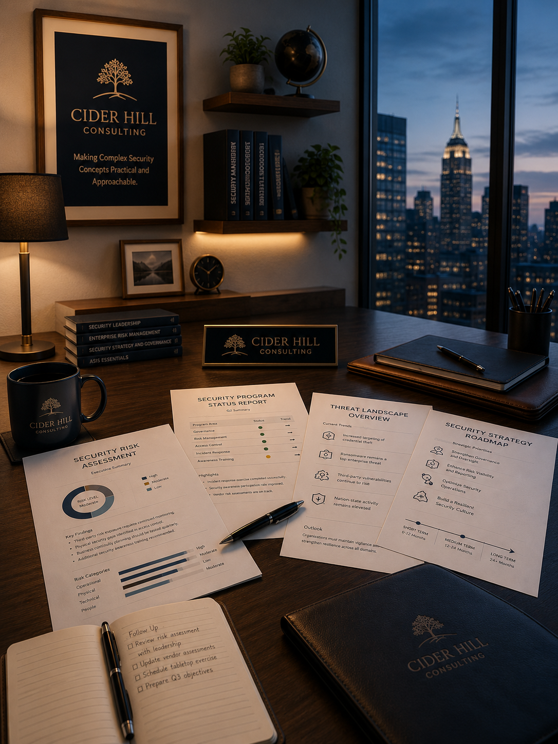 An office desk setup featuring Cider Hill Consulting branding, with documents related to security risk assessment and strategy, a coffee mug, notebook, pen, and a view of a city skyline at dusk through large windows.