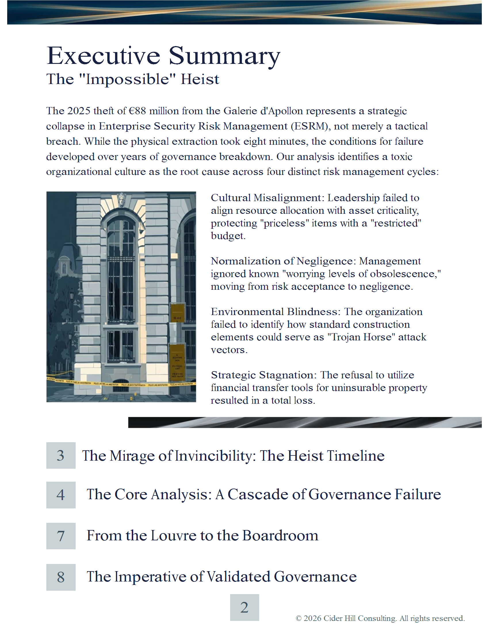 Page from a report or book titled 'Executive Summary The 'Impossible' Heist,' featuring a section discussing the 2025 theft from the Galerie d'Apollon, with a list of risk management failures and issues including cultural misalignment, normalization of negligence, environmental blindness, strategic stagnation, and a table of contents. There is an illustration of a building facade with windows and architectural details.