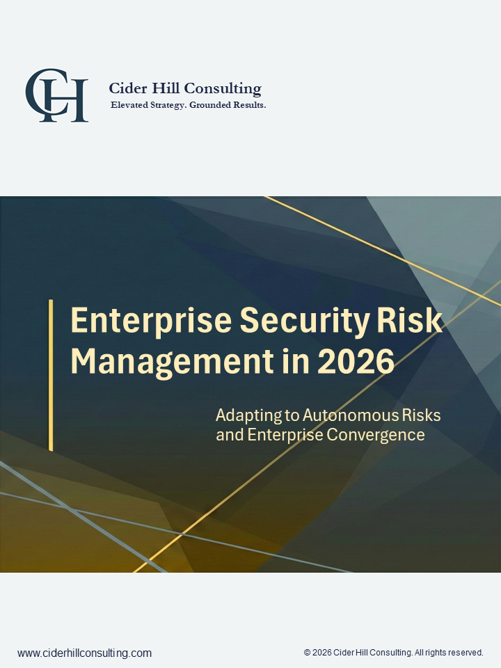 Cover page of a report titled 'Enterprise Security Risk Management in 2026' by Cider Hill Consulting, discussing adapting to autonomous risks and enterprise convergence.