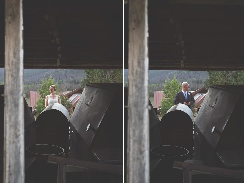 A split image showing a woman in a white dress on the left and a man in a suit on the right, both standing outdoors under a wooden structure.