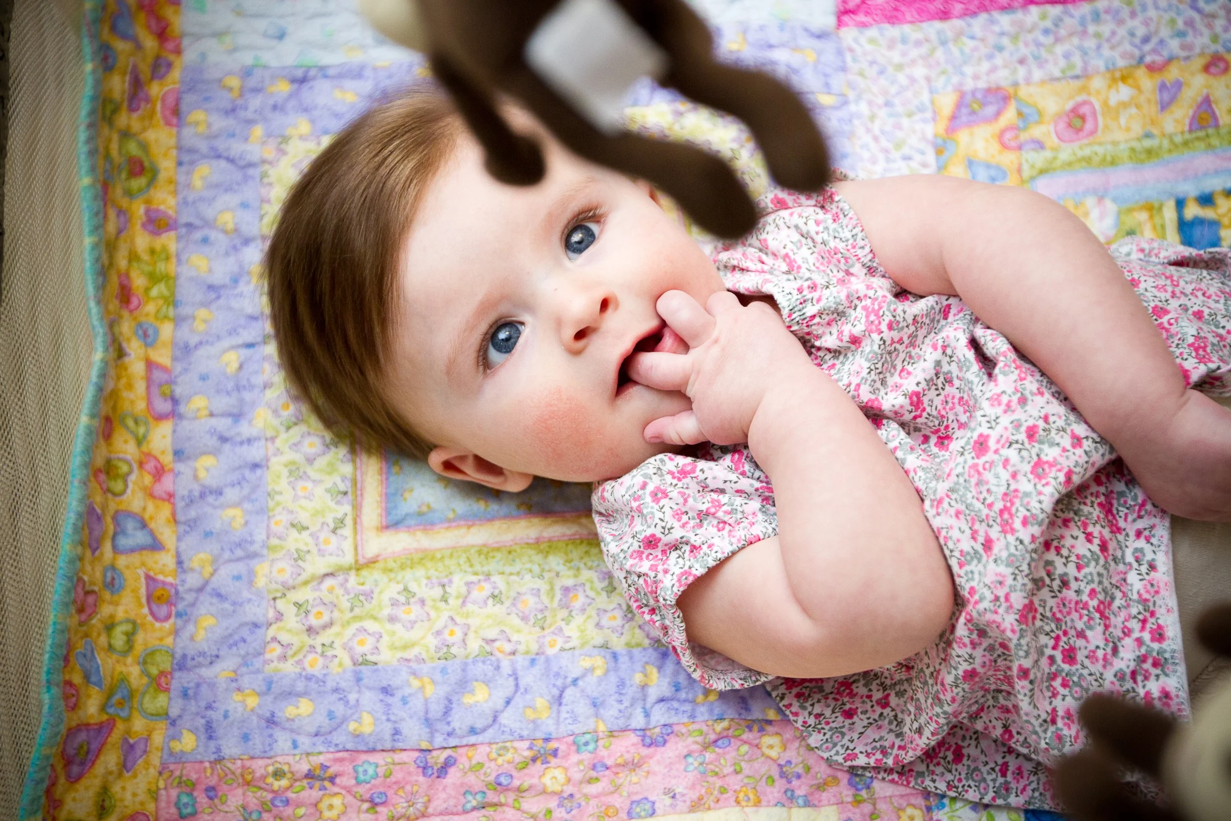 Baby girl lying on colorful quilt, looking up, with hand in mouth, playing with a stuffed animal.