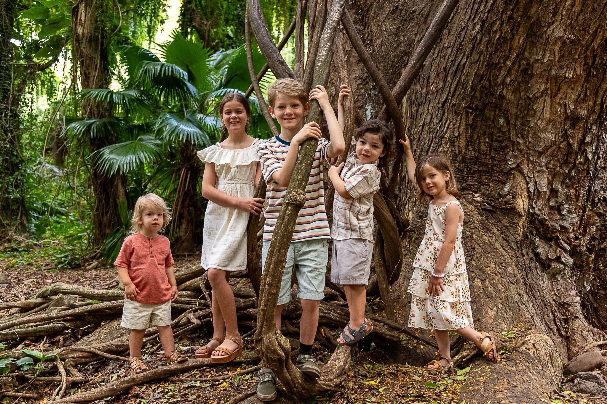 Six children of various ages stand on the roots of a large tree in a forest, surrounded by lush green foliage. They are all smiling and posing for the photo.