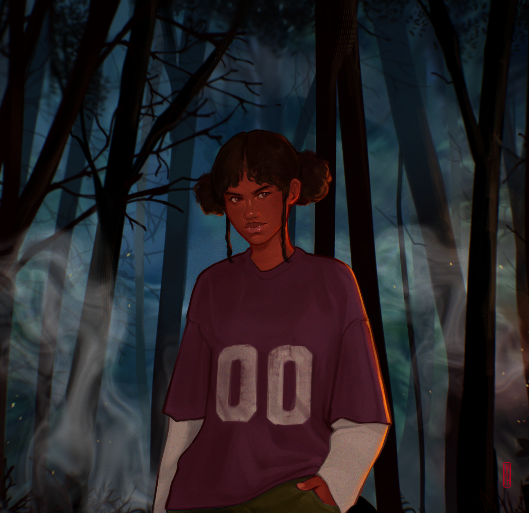 Digital illustration of a young woman with dark brown hair styled in puffy pigtails, standing in a dark, eerie forest with tall, leafless trees and mist surrounding her, wearing a purple oversized jersey with the number 00.