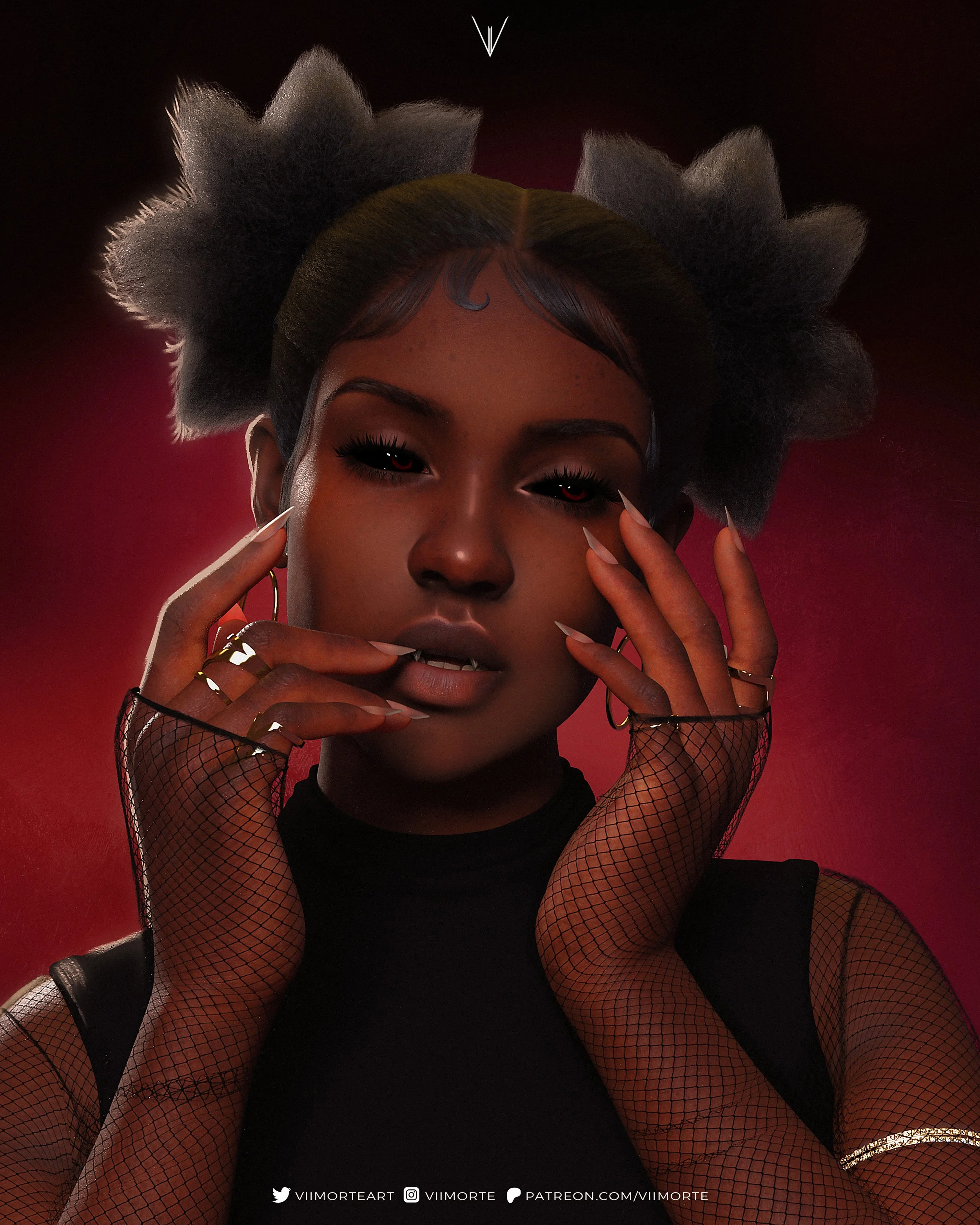 Portrait of a young woman with dark skin and styled hair in two fluffy buns, wearing a black sleeveless top, fishnet gloves, hoop earrings, and rings, posing with her hands near her face against a red and black gradient background.