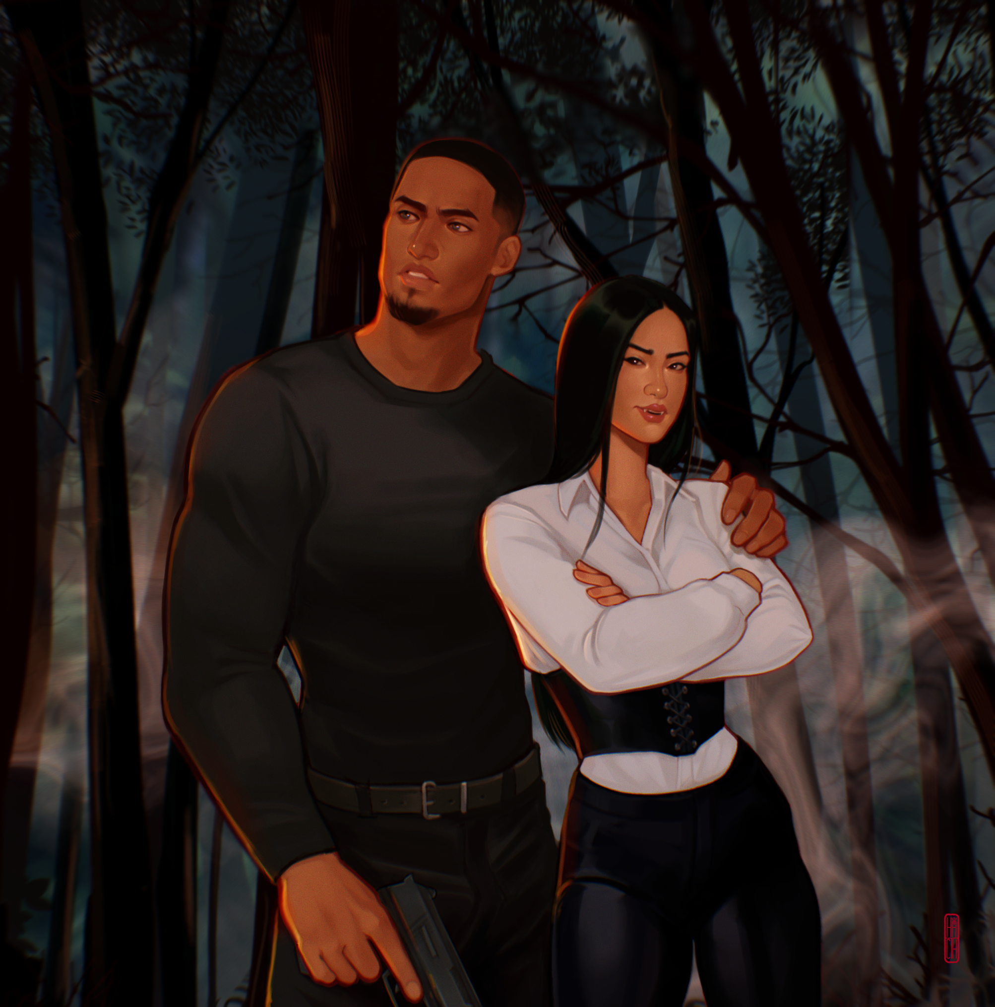 A man and a woman stand close together in a dark, wooded forest. The man, wearing a black shirt, holds a gun in his right hand and looks serious. The woman, wearing a white blouse and black skirt, crosses her arms and has a confident expression.