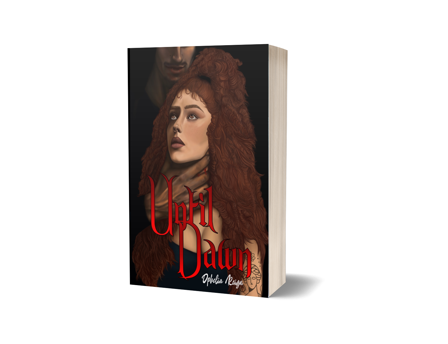 A book cover titled 'Uptil Vawn' by Ophelia Reign, featuring an illustration of a woman with long, wavy red hair, looking upward with a serious expression, and a man partially visible behind her, touching her neck with his hand, set against a dark background.