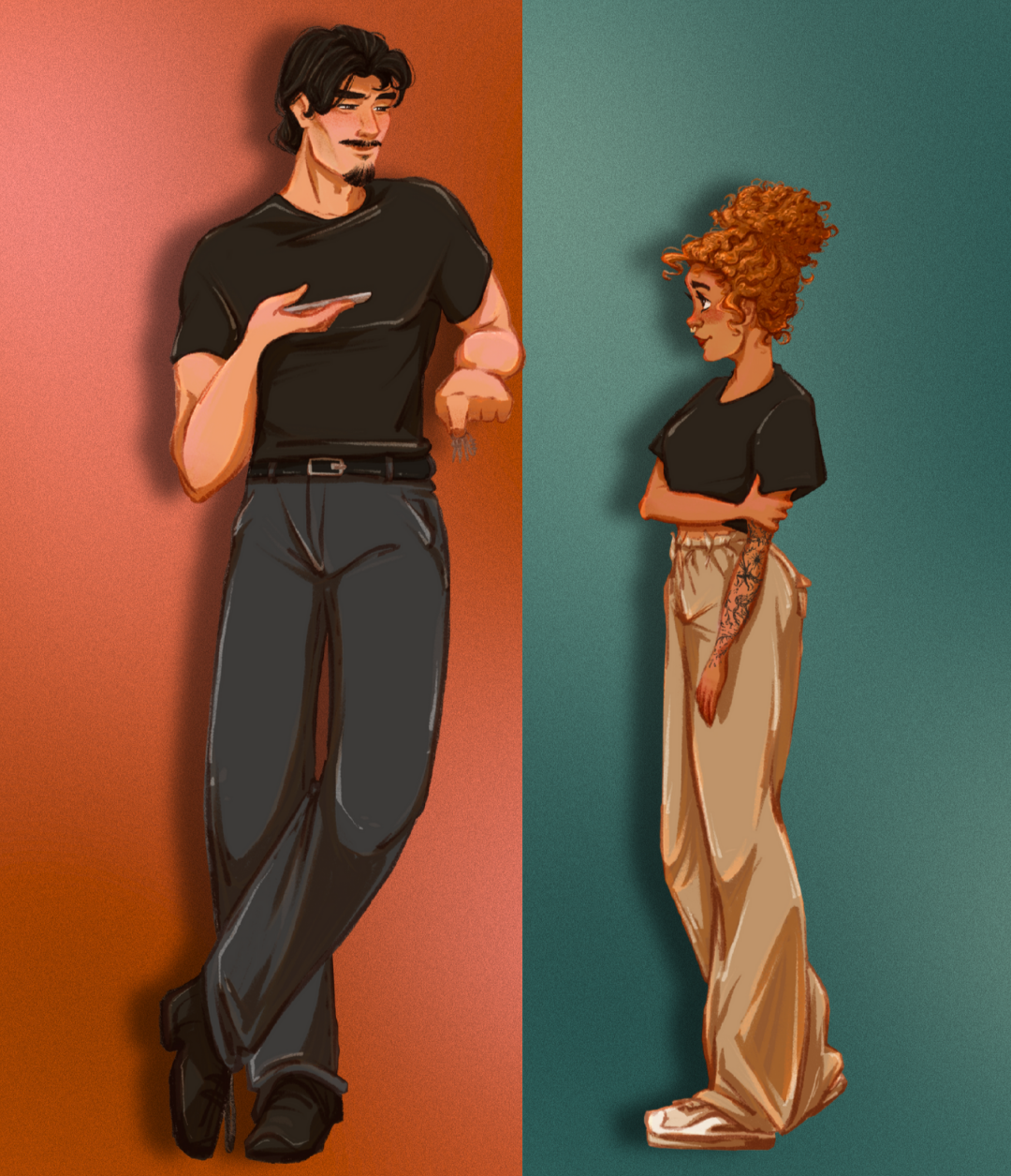 Illustration of a man and a woman standing against different colored backgrounds. The man has dark hair and a mustache, wearing a black t-shirt and black pants, looking at his phone. The woman has curly red hair, tattoos on her arm, wearing a black t-shirt and beige pants, standing with her arms crossed, facing the man.