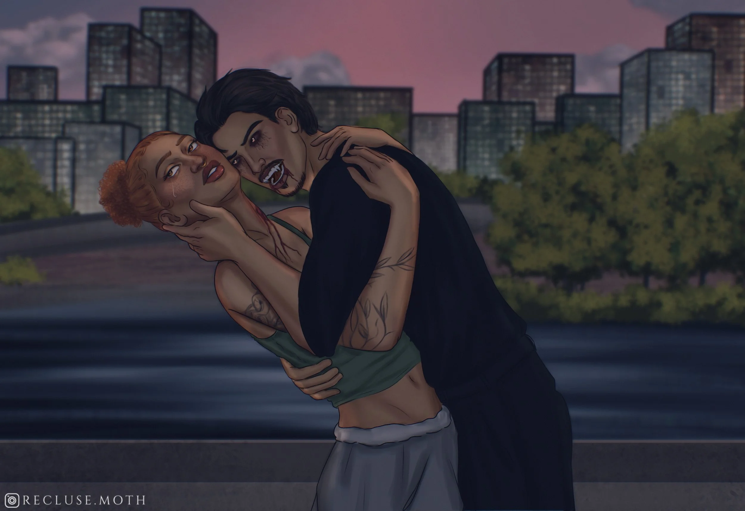 Digital illustration of a man and woman in a passionate embrace near a body of water with city buildings and trees in the background during dusk.