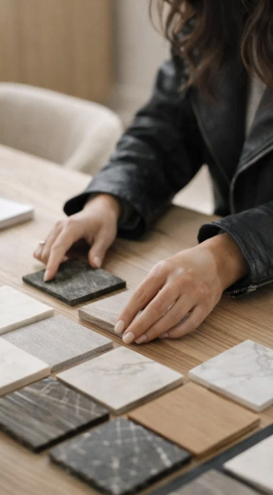 Person in a black leather jacket examining various sample tiles on a wooden table.