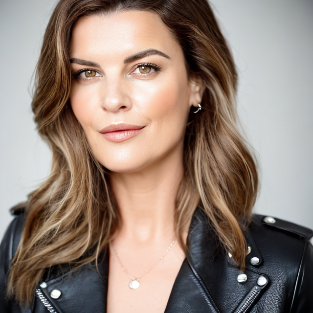 Portrait of a woman with brown hair, wearing a black leather jacket and a necklace, looking confidently at the camera.