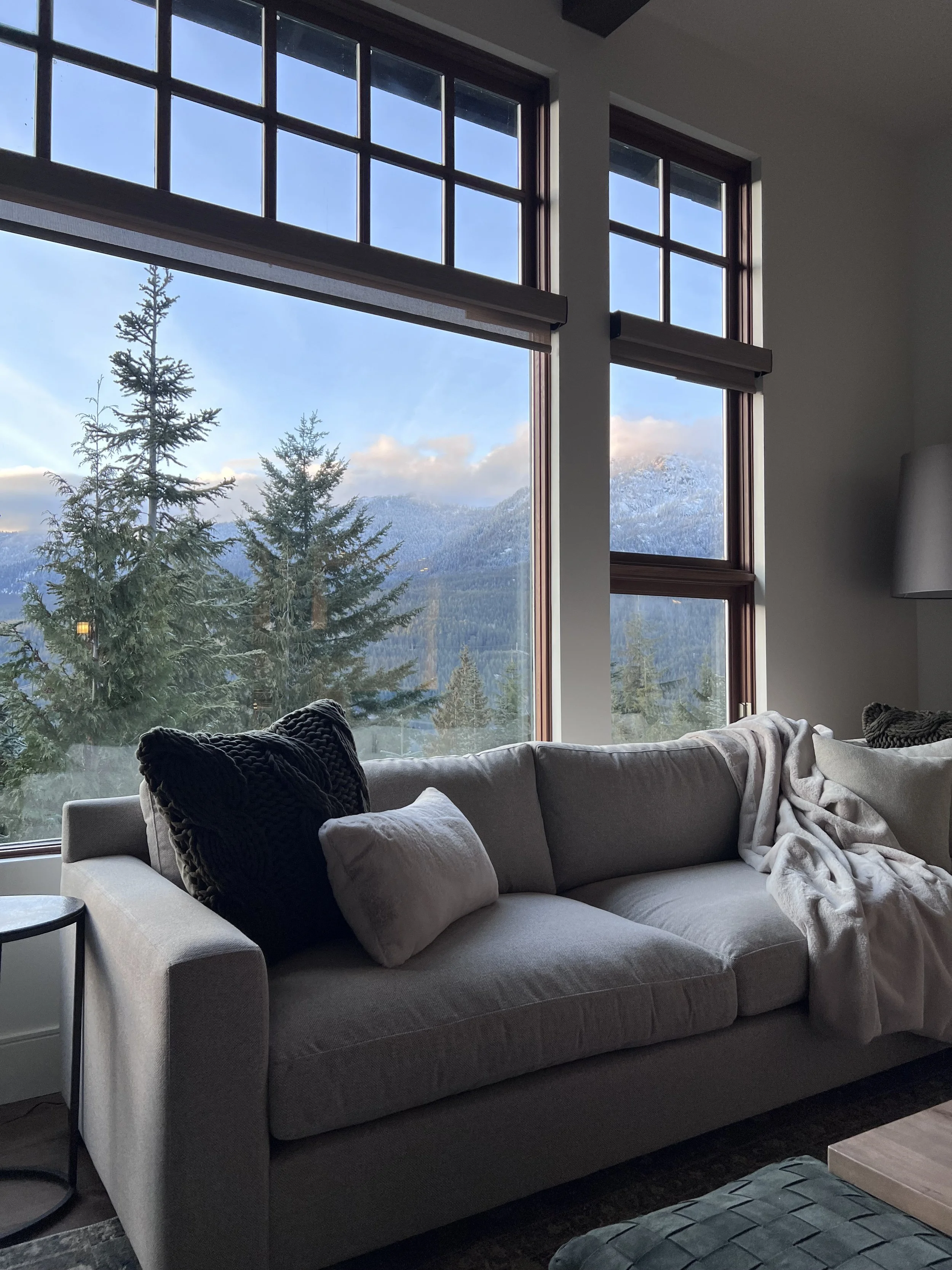 Living room with large window showing snowy mountain and pine trees, beige sofa with pillows and blanket.