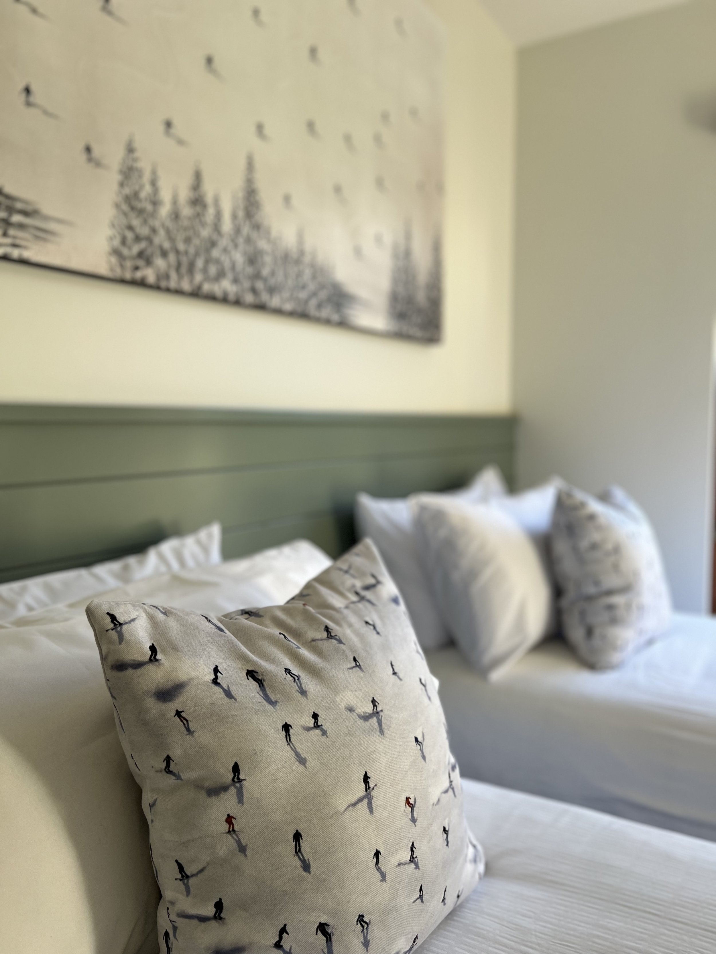 Decorative pillows on a bed with a winter sports patterns, a green headboard, and a wall art of birds in flight.