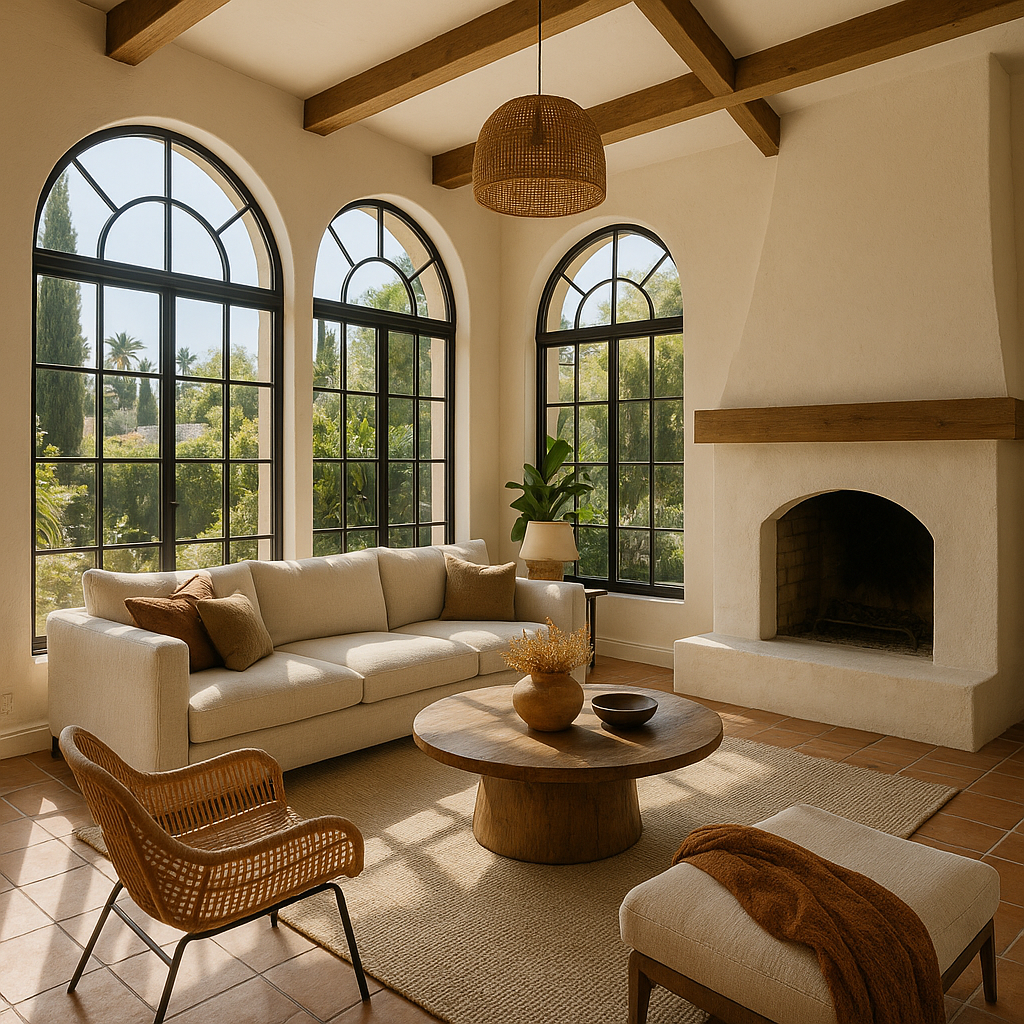 Living room with three large arched windows, a white couch with brown cushions, a rattan chair, a wooden coffee table with a decorative vase and bowls, a fireplace, a potted plant, and a wicker pendant light hanging from the ceiling.