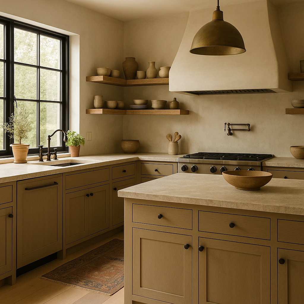 A cozy kitchen with beige cabinets, open wooden shelves with pottery, a large window with plants, and a central island with a wooden bowl.