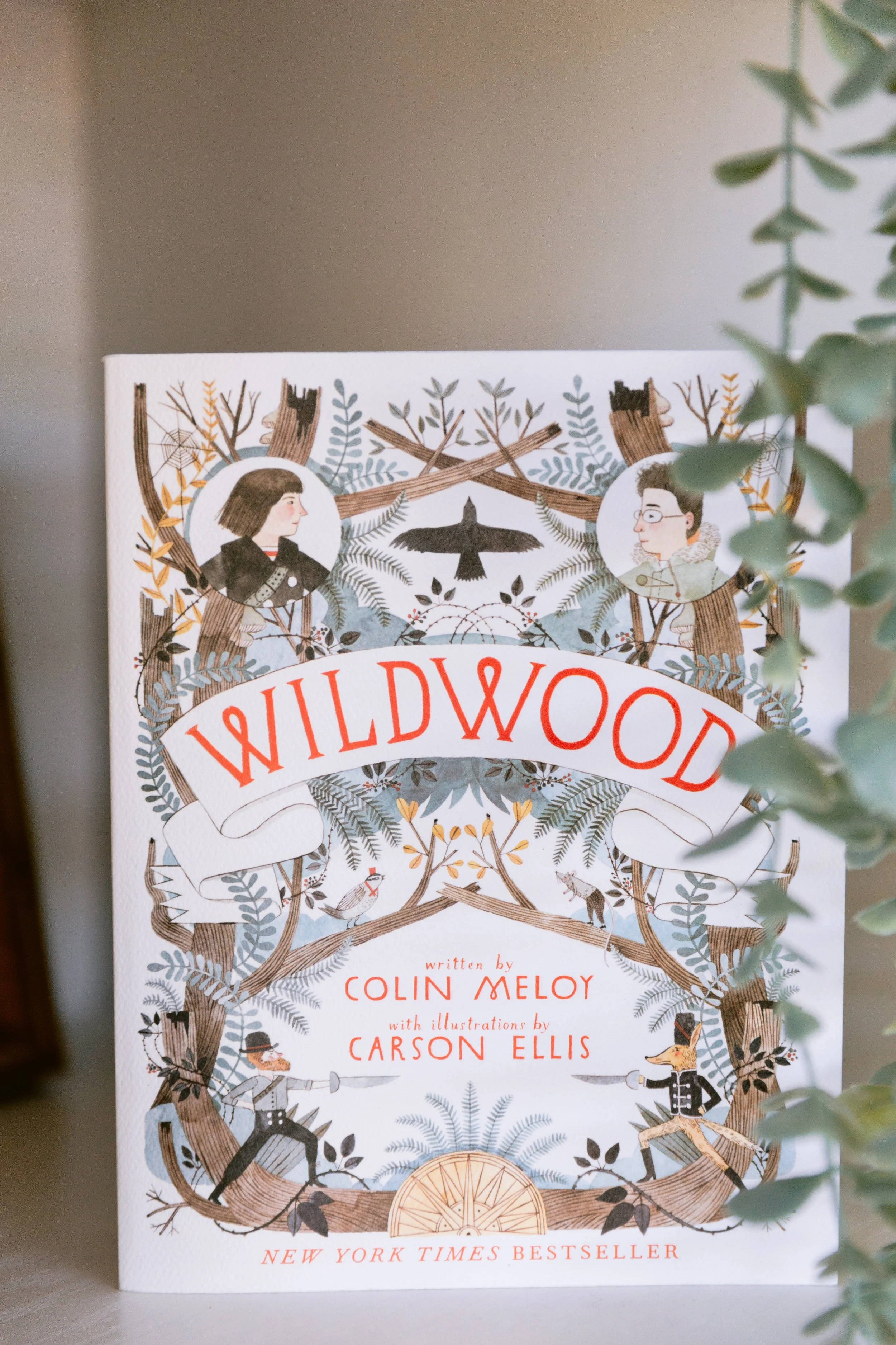 A book titled "Wildwood" with illustrations of trees, animals, and children on the cover, with some of the cover partially obscured by a plant on the right side.