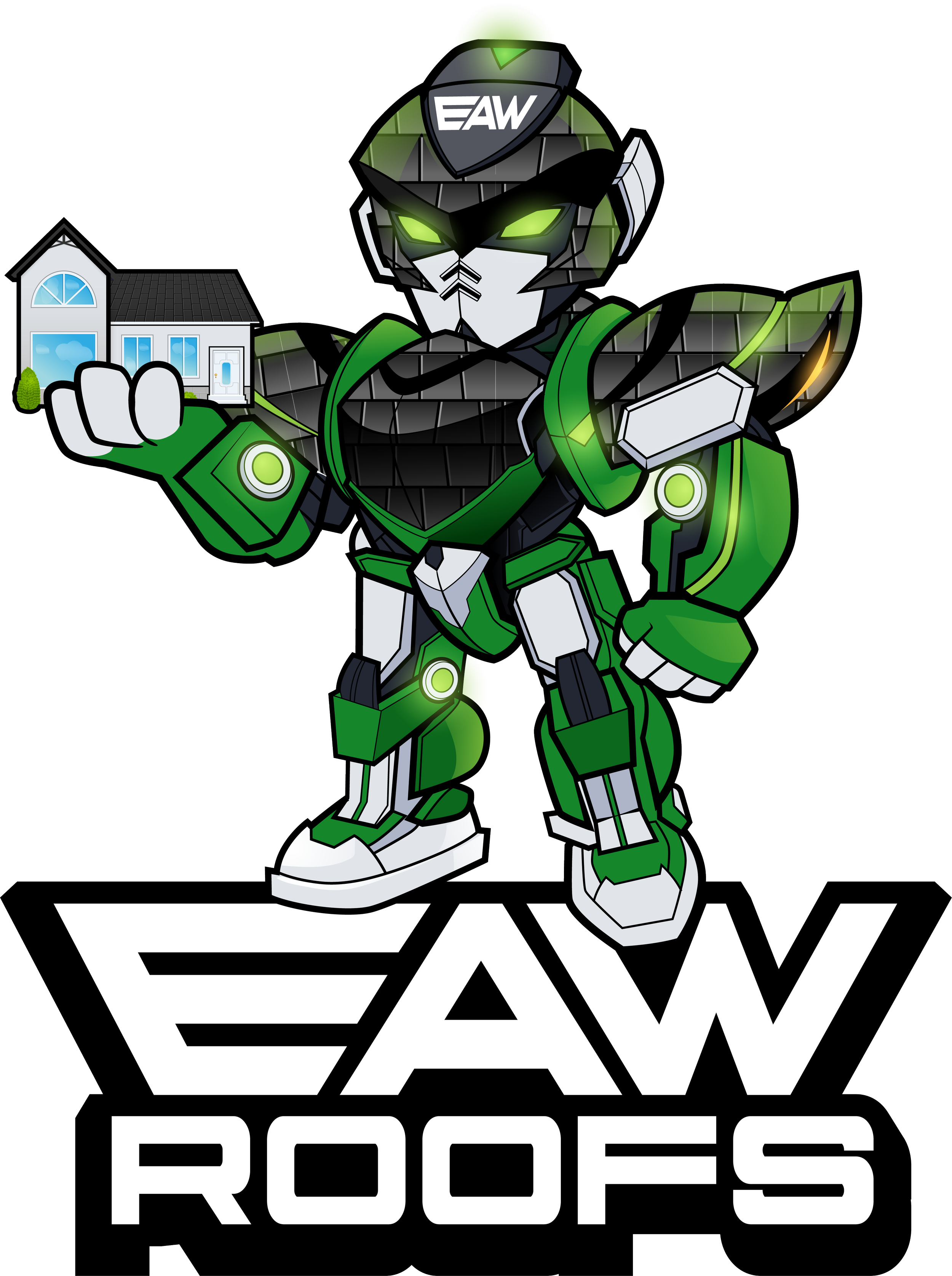 A cartoon robot lion wearing a green, black, gray, and white armor with the letters "EAW" on its forehead, standing and holding a small house in its paw. Below, the words "EAW ROOFS" are written in bold black and white letters.