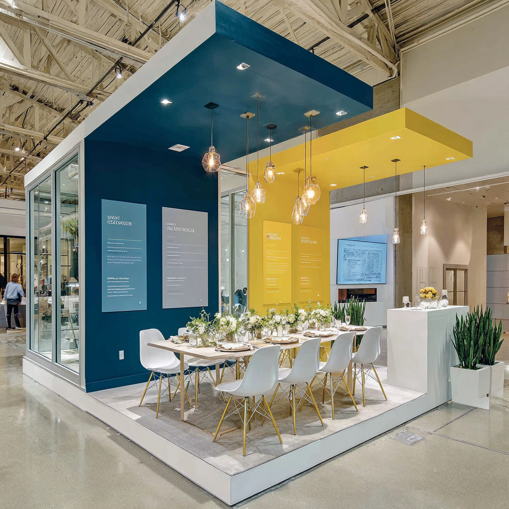 A modern dining display inside a store, featuring a long wooden table with white chairs, floral arrangements, and a yellow and blue ceiling with hanging lights.