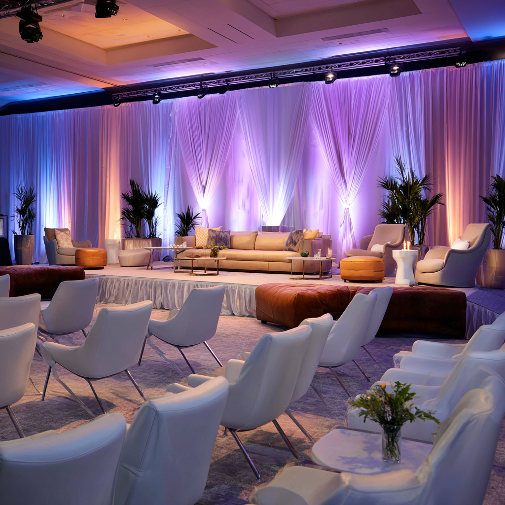 Elegant event space with a stage decorated with purple lighting and white curtains, white chairs arranged for an audience, and a seating area with sofas, armchairs, and plants, suggesting a formal gathering or presentation.