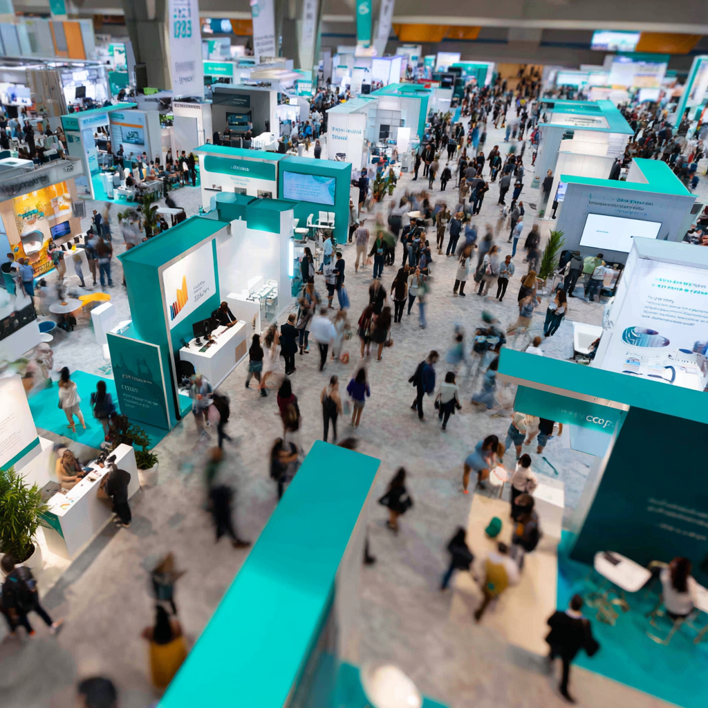 A busy trade show or conference with numerous booths and displays, with many attendees walking around, browsing, and talking to exhibitors in a large, open exhibition hall.
