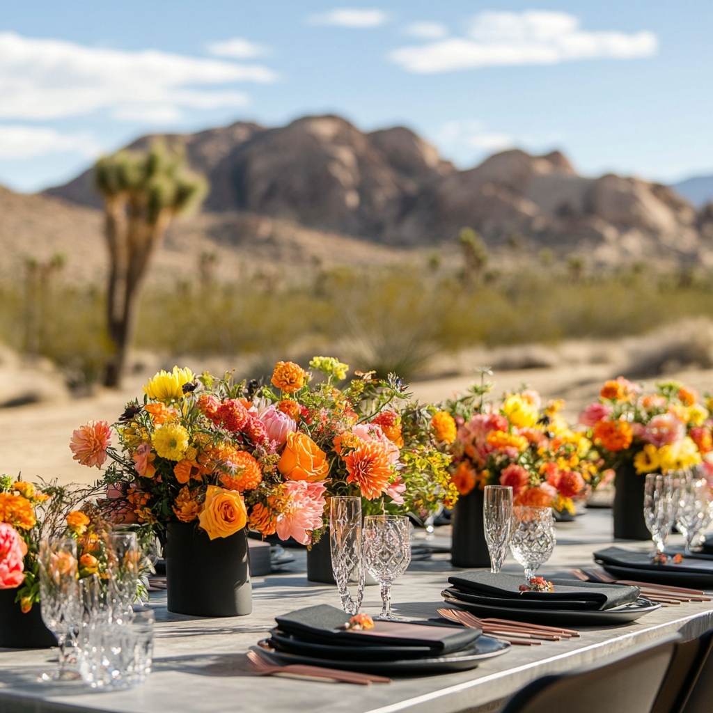 Outdoor desert table setting with colorful flower arrangements, black plates, black napkins, and crystal glassware, with desert mountains and sparse vegetation in the background.