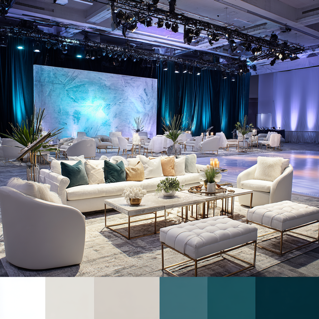 Elegant event space with modern white sofas, armchairs, and a coffee table on a patterned rug. Decor includes plants, candles, and decorative pillows, with a stage backdrop of textured blue and turquoise curtains, suitable for a conference or social 