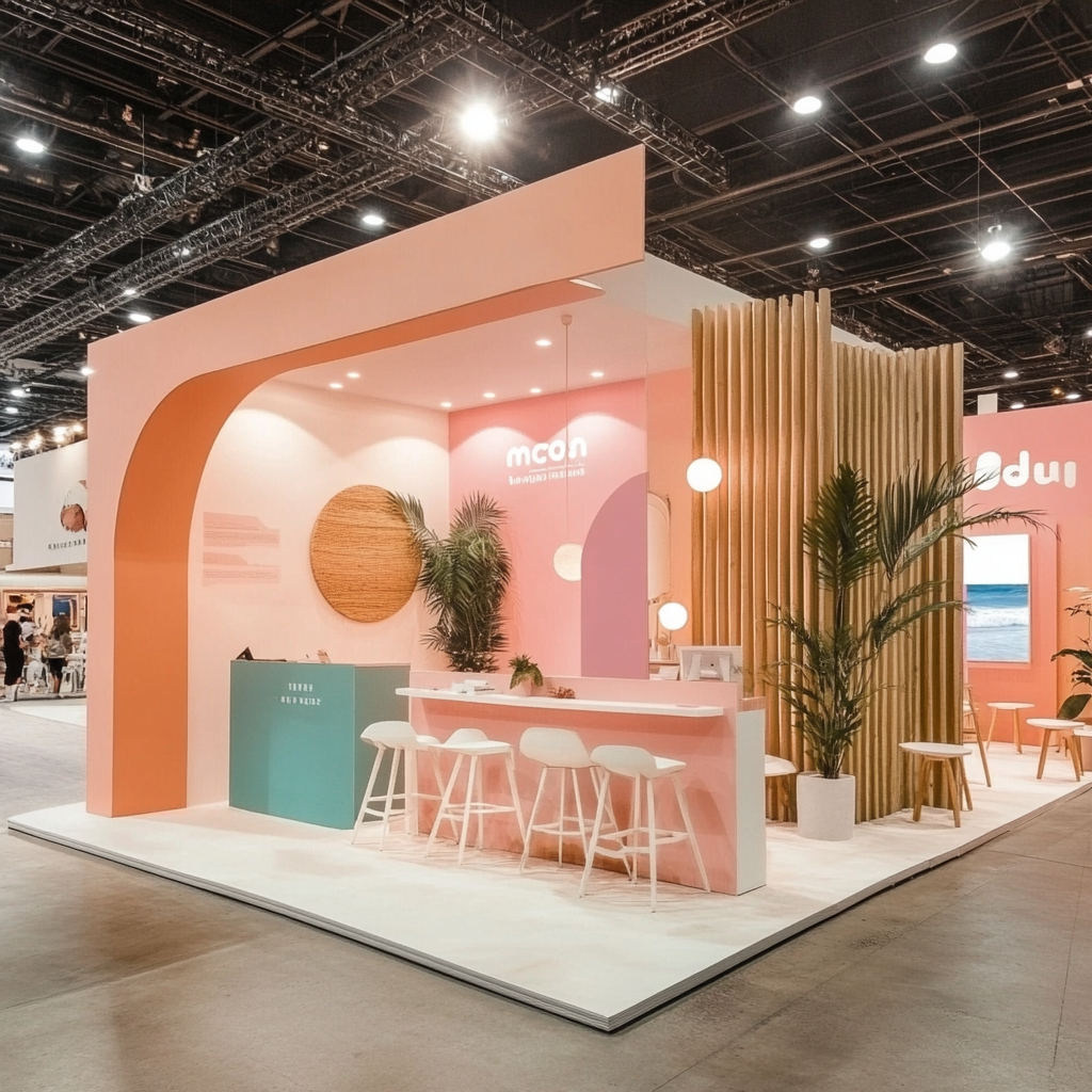 A pastel-colored exhibition booth with pink and turquoise accents, furnished with white bar stools, potted plants, hanging globe lights, and wooden slats, at a trade show or similar event.
