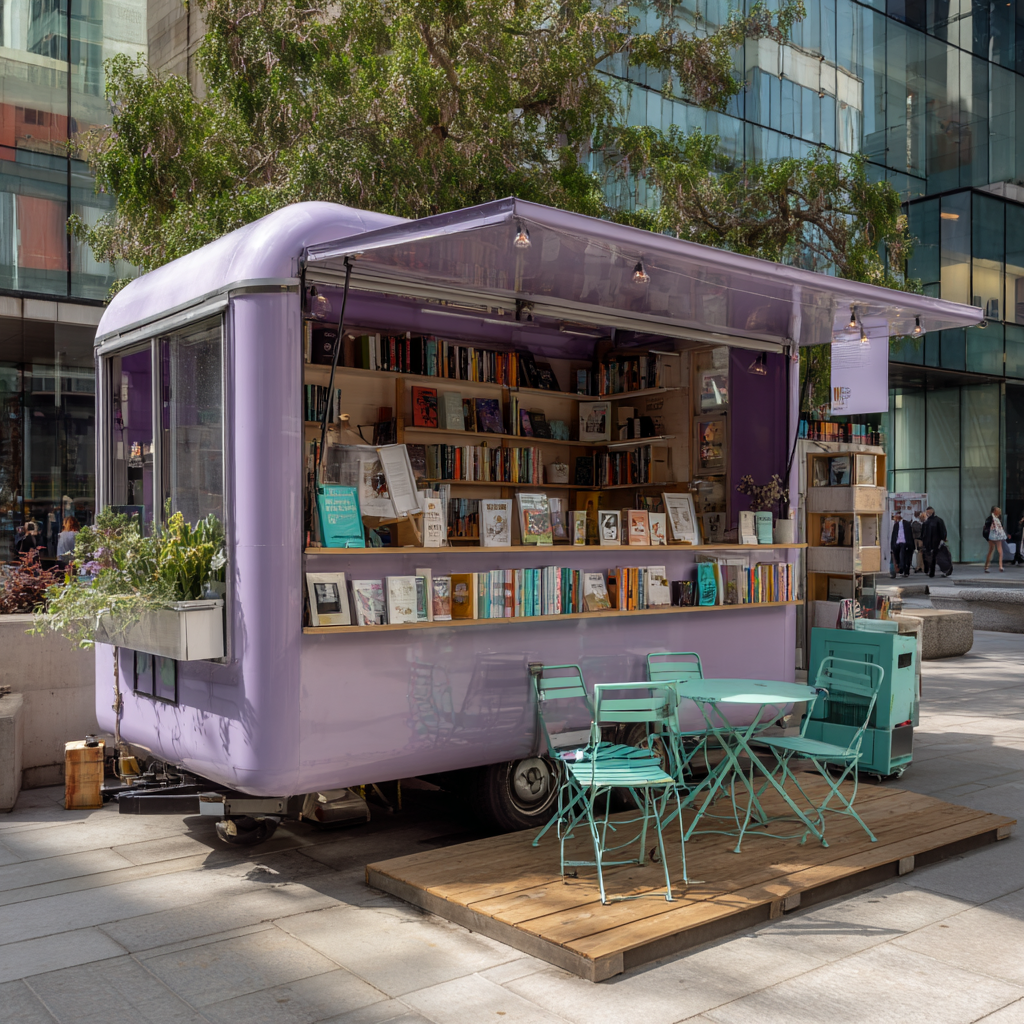 A purple mobile bookstore or reading nook set up on a city sidewalk, with books on shelves inside, and a small patio with teal chairs and a table outside. Modern glass buildings and pedestrians are visible in the background.