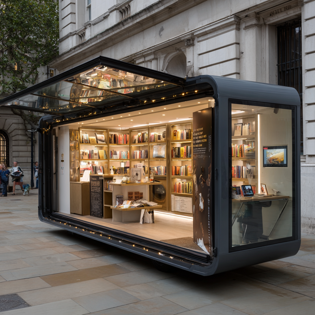 A mobile bookstore housed in a converted shipping container with large glass windows displaying books inside, located on a city sidewalk.