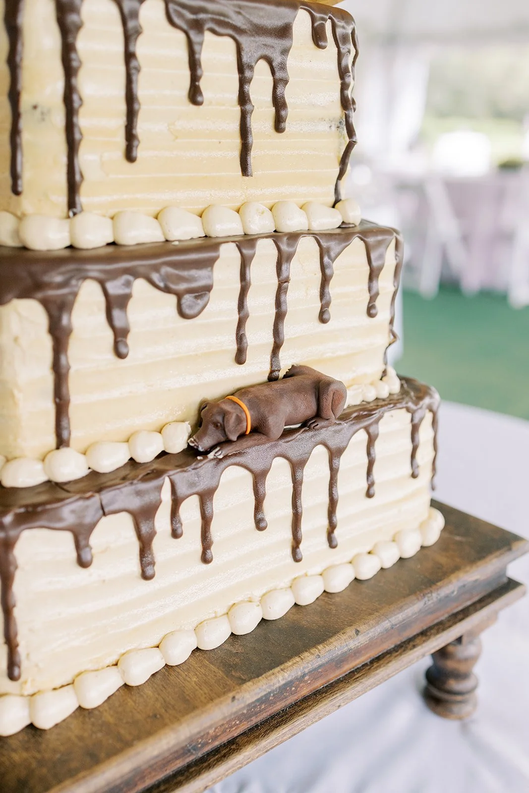 Three-tiered wedding cake with white icing, dark chocolate drizzle, and a small dachshund figurine on the middle layer.