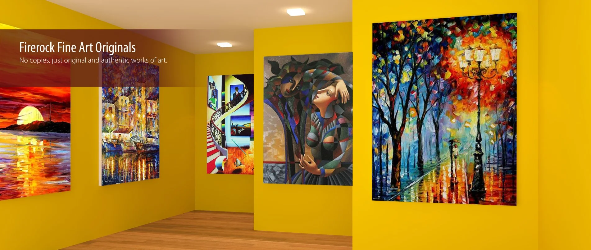 An art gallery with bright yellow walls displaying colorful paintings, including a sunset over water, abstract cityscape, surreal figures, and a vibrant street scene with trees and street lamps.