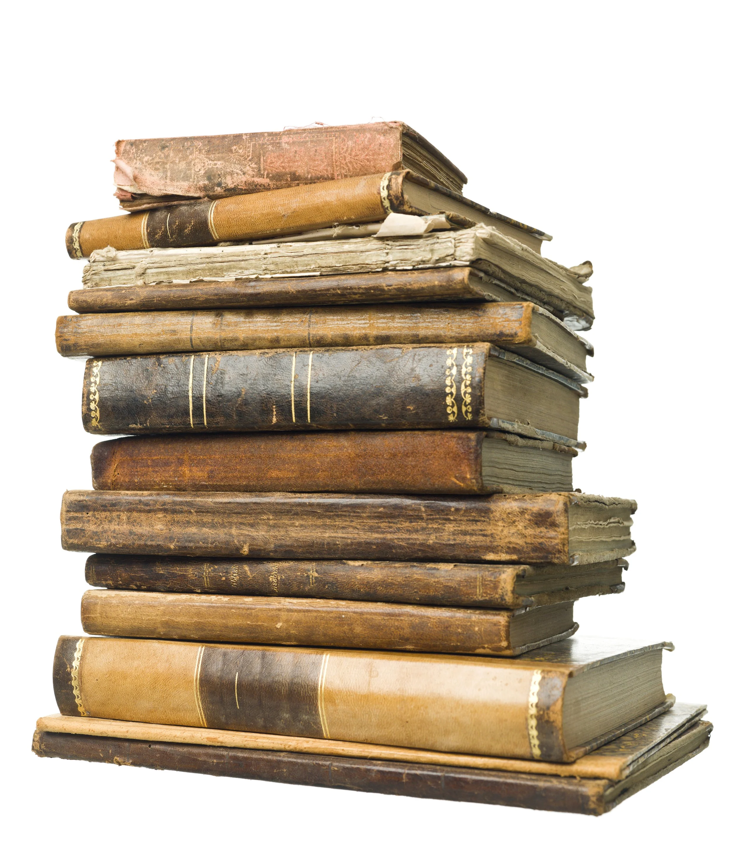 Stack of old, worn books with aging pages and covers.