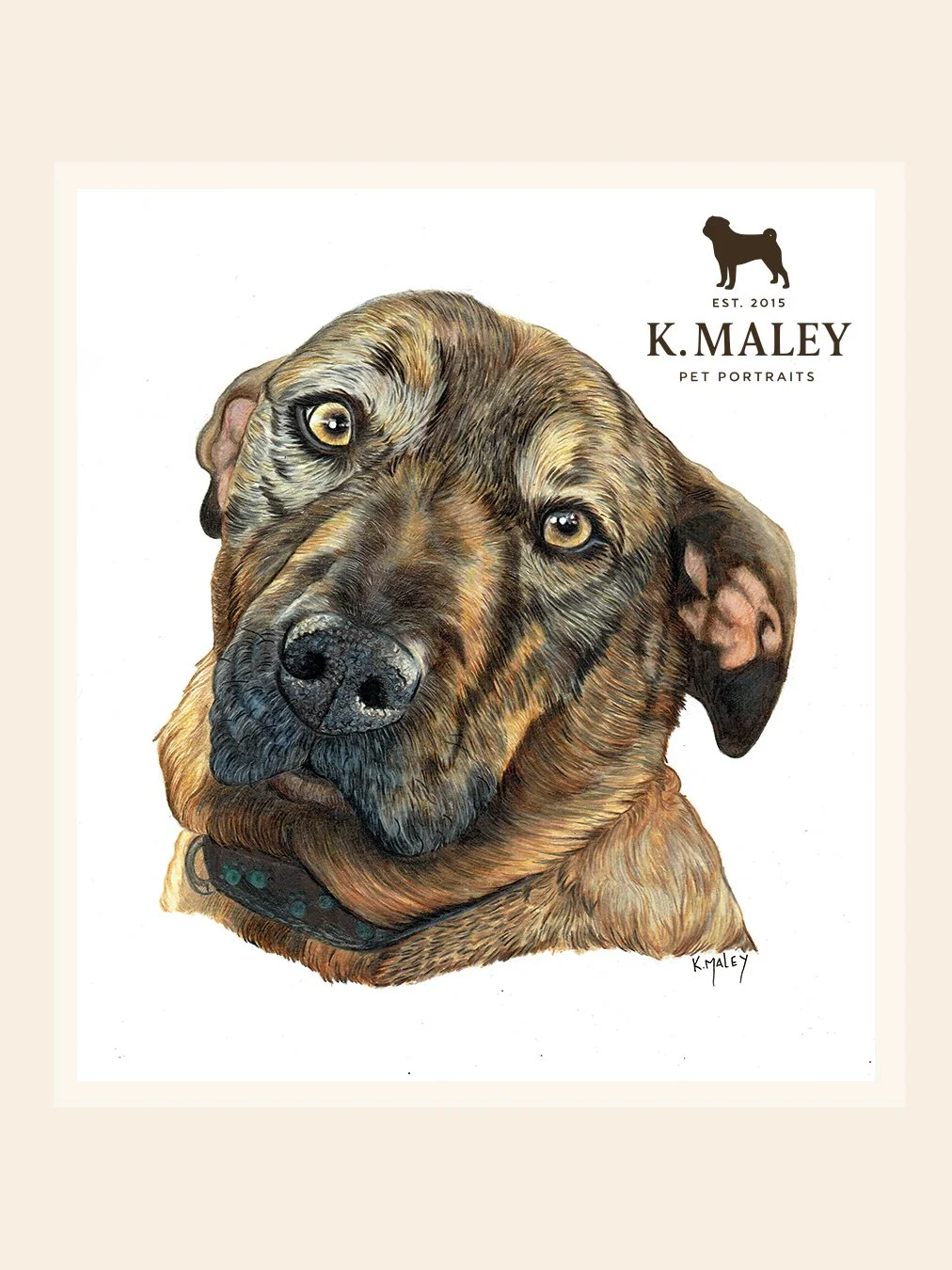 Detailed portrait of a brown and black brindle dog with a black collar, created by K. Maley, pet portraits logo with a dog silhouette, established 2015.