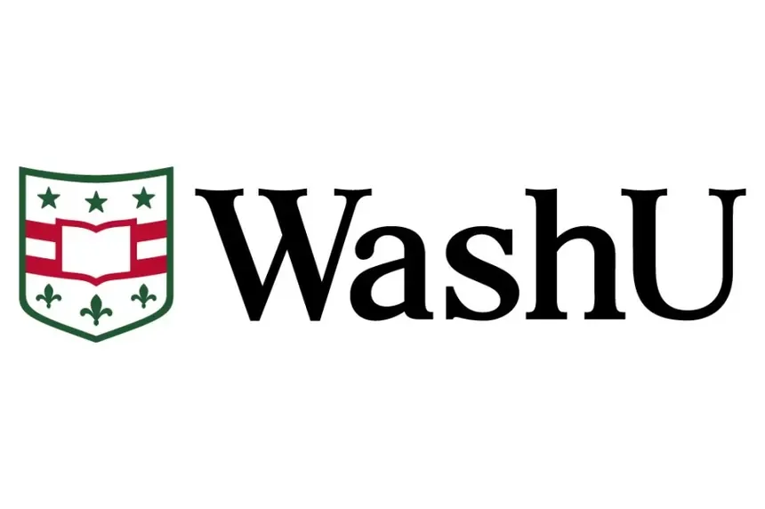 Logo with a shield containing stars, a book, and fleur-de-lis symbols, alongside the text "WashU" in black.