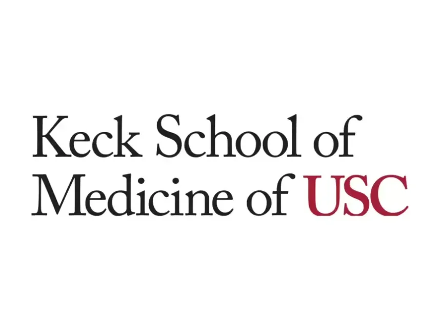 Logo of Keck School of Medicine of USC with black and maroon text on a white background