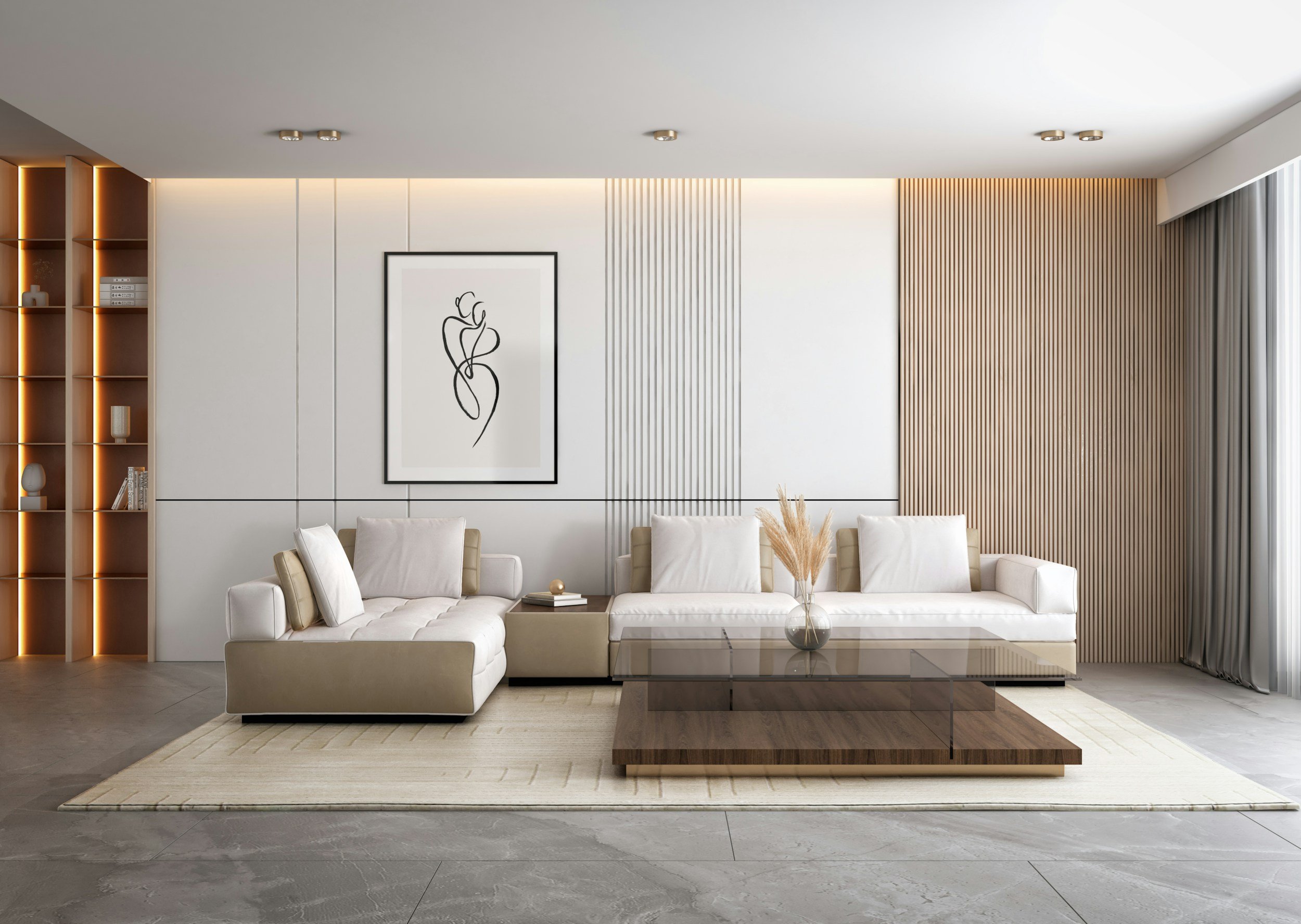 Modern living room with beige and white sectional sofa, glass and wood coffee table, beige area rug, framed abstract art on white wall, tall wooden shelving unit with decorative items, and floor-to-ceiling curtains.