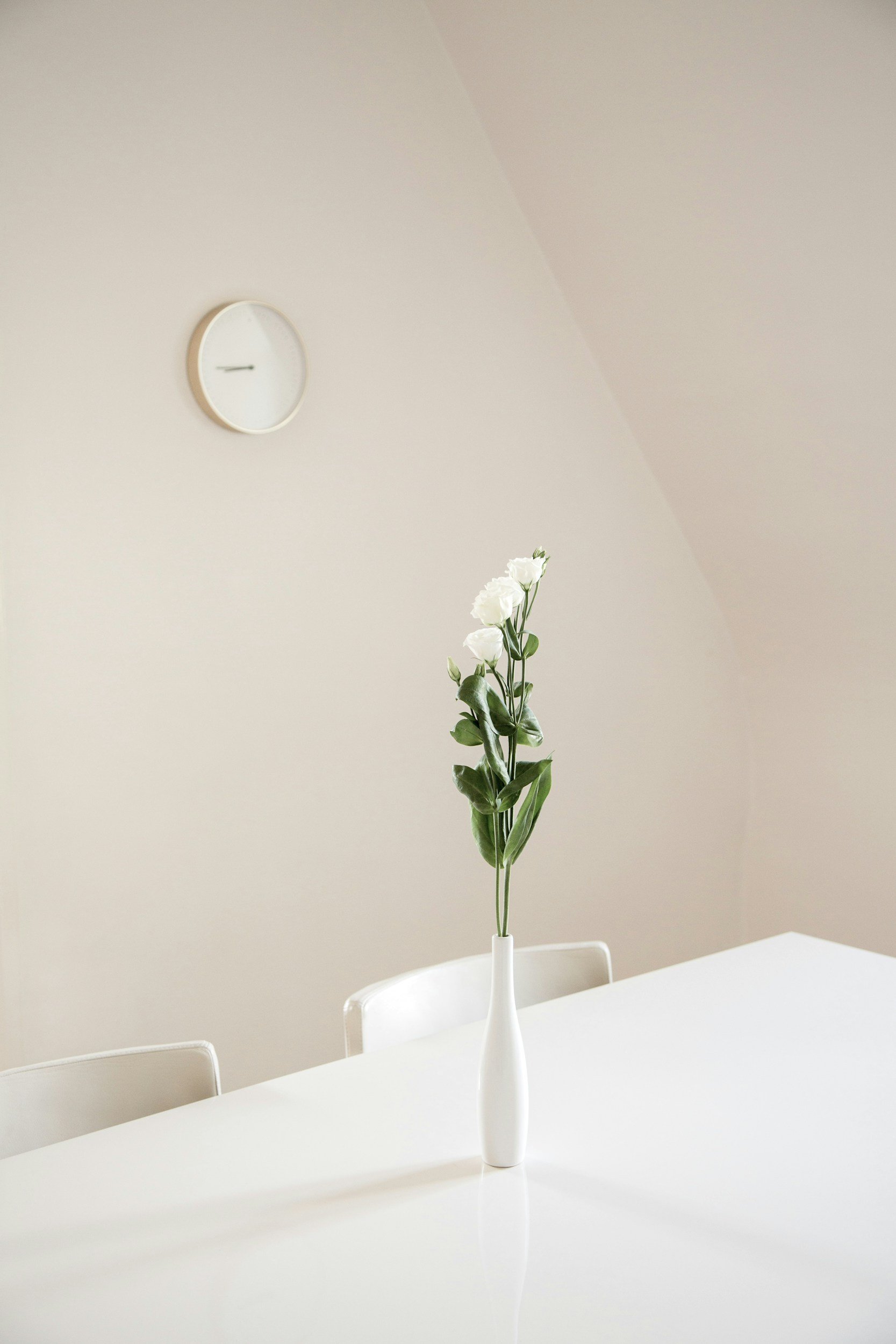 A white table with a white vase containing white flowers and green leaves, against a plain white wall with a minimalistic round clock.