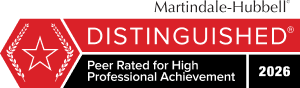 Red badge with a white star and the text "DISTINGUISHED" and "Peer Rated for High Professional Achievement 2026"