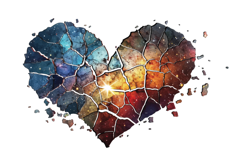A heart-shaped illustration divided into colorful, cracked sections resembling galaxy and nebula patterns.