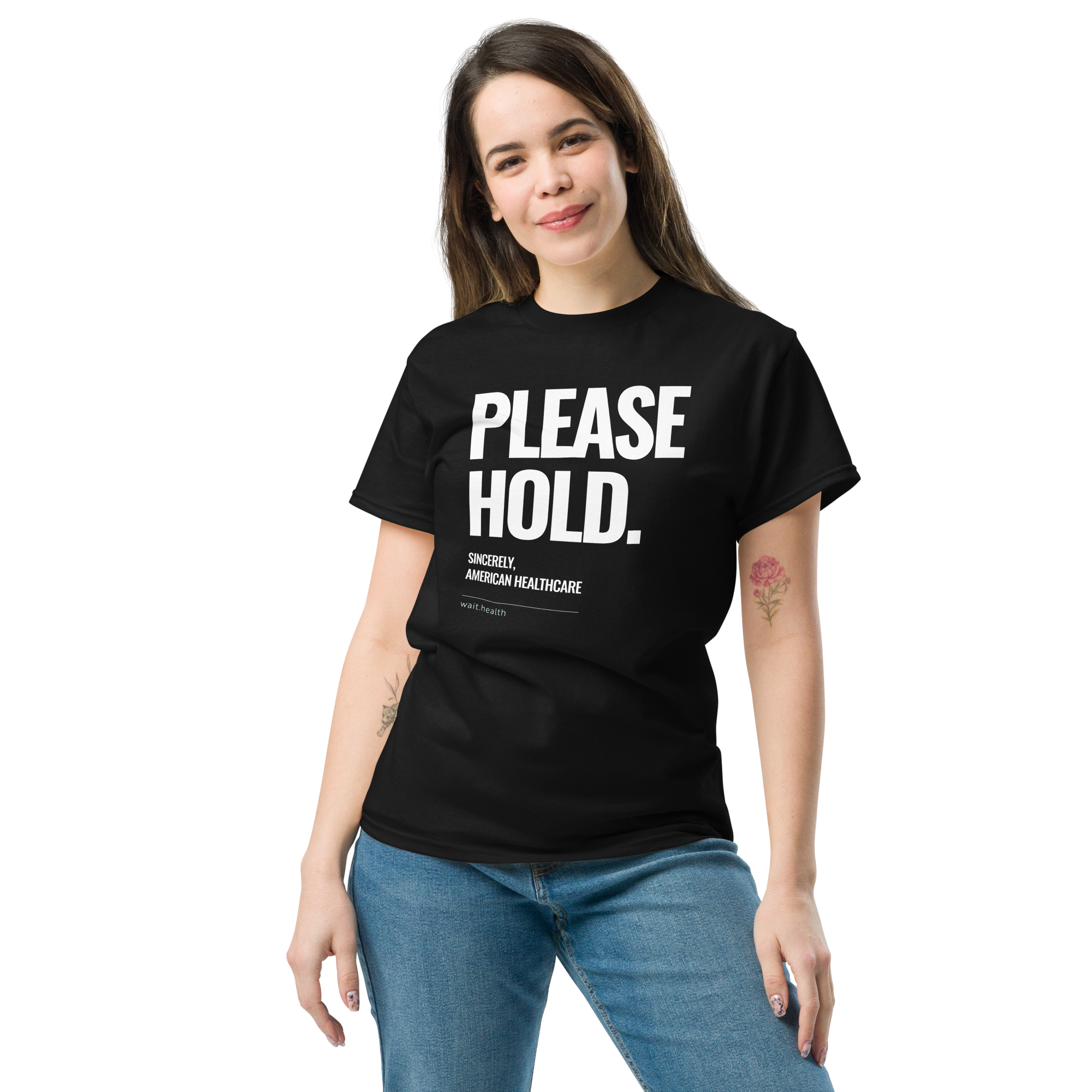 Please Hold black t shirt with white text American healthcare advocacy shirt