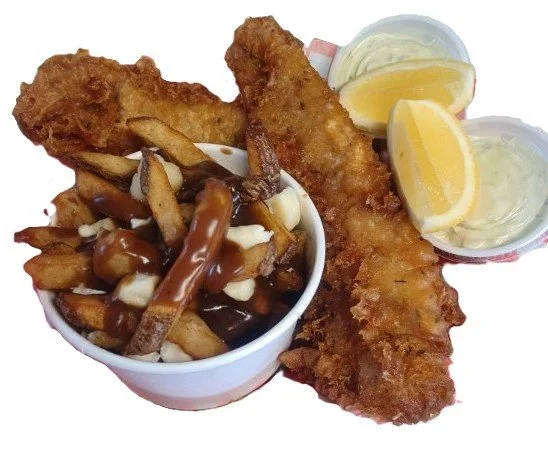 Fried fish fillet with lemon wedges, a side of poutine topped with gravy and cheese curds, and a small cup of tartar sauce.