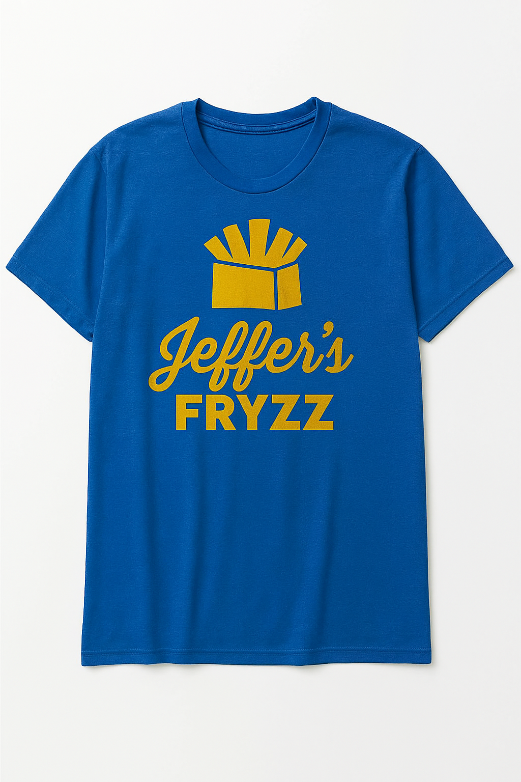 Blue T-shirt with yellow graphic of a box of fries and the text "Jeffer's FRYZZ" in yellow.