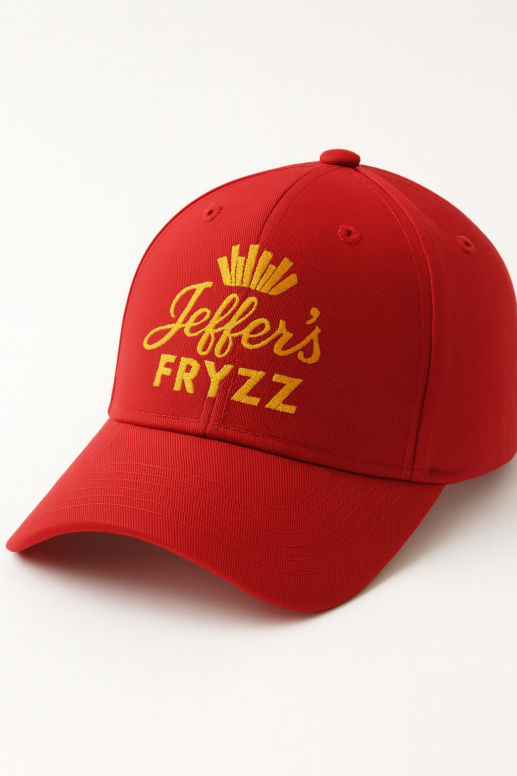 Red baseball cap with yellow embroidered text that reads "Jeffrey's FRYZZ" and a yellow crown graphic above the text, on a plain white background.