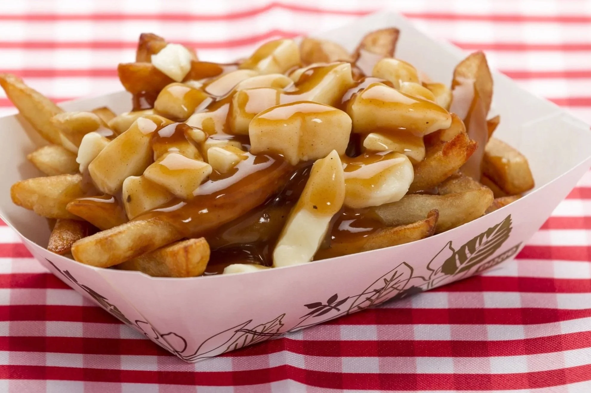 French fries topped with cheese, chopped onions, and gravy served in a paper tray on a red and white checkered tablecloth.