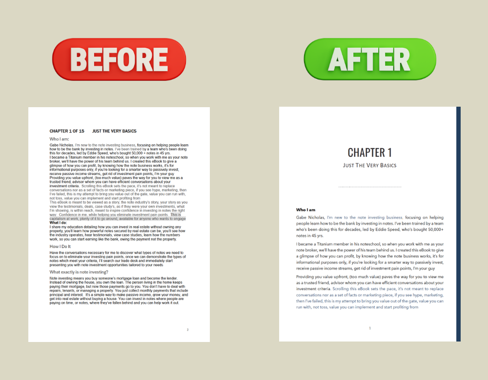 Comparison of a document page with a red "BEFORE" label on the left and a green "AFTER" label on the right, illustrating the difference between two versions of a chapter titled "Just the Very Basics."