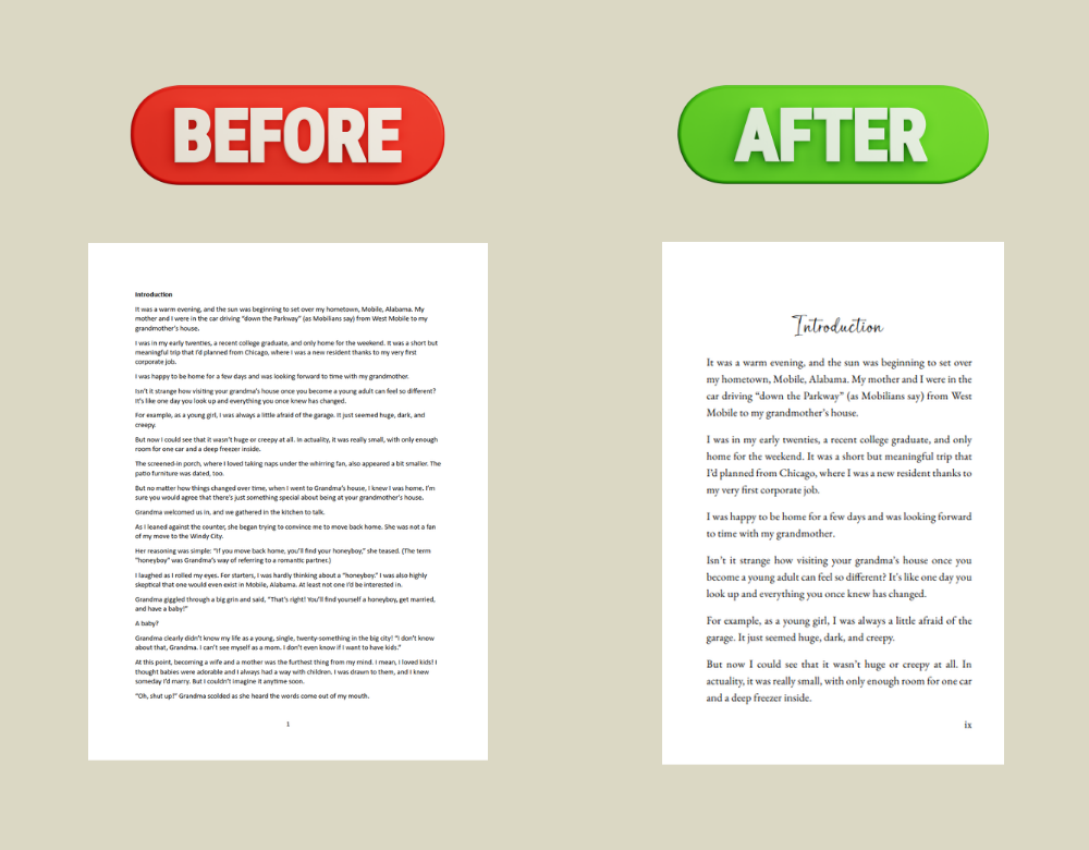Comparison of a before and after cleaning or editing of a document, with the "Before" version appearing on the left and the "After" version on the right.