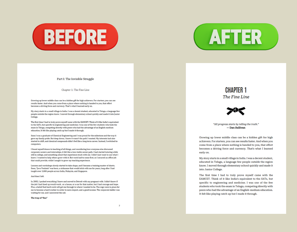 Comparison of two pages of text, labeled 'BEFORE' and 'AFTER', with 'BEFORE' in red and bold, 'AFTER' in green and bold, with the text being a story about a student's educational journey.