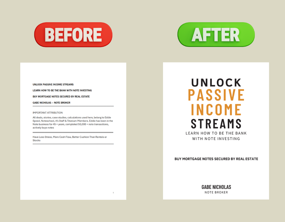 Side-by-side comparison of a document before and after editing. The 'Before' page has small, black text on a white background, while the 'After' page has large, bold, colorful text on a white background.
