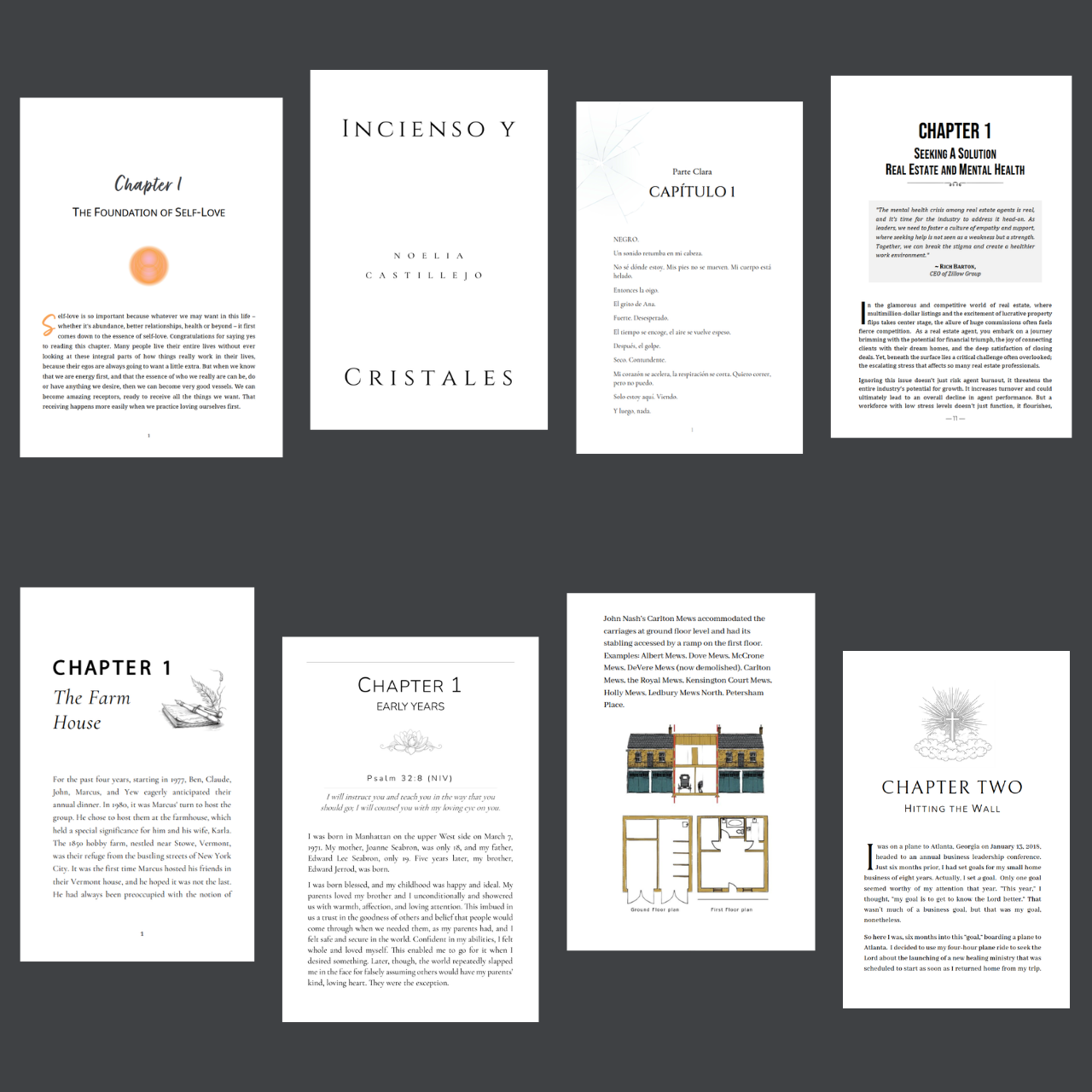 Collection of eight pages from a book or magazine, with chapters titled 'The Foundation of Self-Love,' 'Incienso y Cristales,' 'Seeking a Solution,' 'The Farm House,' 'Early Years,' and 'Hitting the Wall,' each containing text and illustrations.