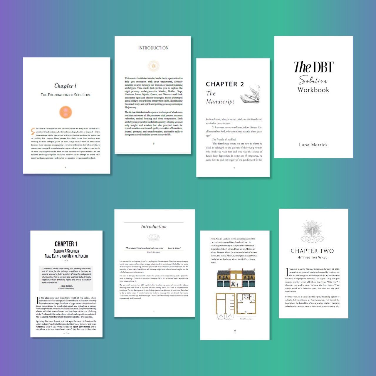A collection of various open books with different chapter titles and covers, laid out on a gradient background.