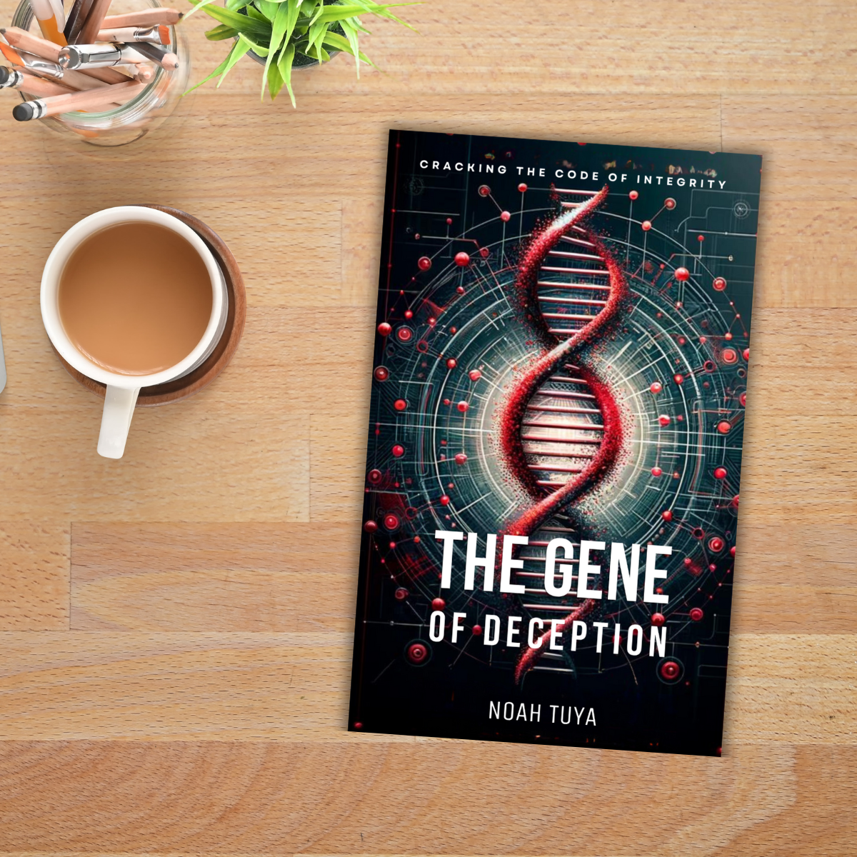 A book titled 'The Gene of Deception' by Noah Tuya on a wooden desk, with a cup of coffee, a plant, and a container of pens nearby.